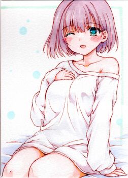 1girl aqua_eyes arm_support armpit_crease blush collarbone dress hand_on_own_chest hand_up hashtag-only_commentary highres kzfibkpon688647 looking_at_viewer marker_(medium) no_pants off-shoulder_sweater off_shoulder one_eye_closed open_mouth original pink_hair short_hair single_bare_shoulder sitting smile solo sweater sweater_dress traditional_media white_sweater
