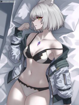 1girl animal_ears bob_cut bra bra_slip breasts cat_ears cat_girl chest_jewel commentary_request core_crystal_(xenoblade) grey_hair highres jacket looking_at_viewer mio_(xenoblade) navel on_bed open_clothes open_jacket panties pillow riro_(breakthrough_rr) short_hair solo thighs twitter_x_logo underwear white_bra white_panties xenoblade_chronicles_(series) xenoblade_chronicles_3 yellow_eyes