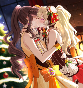 2girls arm_around_neck back_bow bare_arms bare_shoulders black_dress blonde_hair blurry blurry_background blush bow bowtie breasts brown_hair chibinekopan christmas christmas_ornaments christmas_tree closed_eyes commentary_request cowboy_shot detached_sleeves dress dress_bow dutch_angle earrings face-to-face facing_another fireplace french_kiss frilled_dress frilled_hat frilled_sleeves frills from_side hair_between_eyes half-closed_eyes hand_on_another's_back hand_on_another's_neck hands_up hat hat_ribbon heavy_breathing high_ponytail highres hug indoors jewelry kiss light_particles long_hair looking_at_another medium_breasts mini_hat mistletoe multiple_girls mutual_hug night official_alternate_costume official_alternate_hairstyle orange_background pink_eyes ponytail profile red_bow red_bowtie red_ribbon ribbon saijou_claudine saliva shoujo_kageki_revue_starlight shoujo_kageki_revue_starlight_-re_live- sidelocks sleeveless sleeveless_dress standing tendou_maya tilted_headwear two-tone_dress very_long_hair white_dress white_hat window wrist_cuffs yellow_dress yellow_hat yuri
