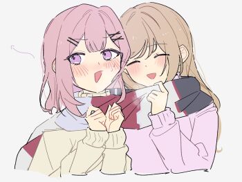 Rule 34 | 2girls, absurdres, amaori renako, blush, brown hair, closed eyes, commentary, hashtag-only commentary, highres, medium hair, multiple girls, open mouth, pink hair, pink sweater, purple background, purple eyes, scarf, sena ajisai, shared clothes, shared scarf, shinano1009, simple background, striped clothes, striped scarf, sweat, sweater, upper body, watashi ga koibito ni nareru wake naijan murimuri!, yellow sweater, yuri