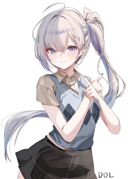 1girl ahoge argyle_clothes black_skirt blue_hair blue_nails blush brown_shirt collared_shirt dolechan grey_hair hair_between_eyes hashtag-only_commentary hebi_(vtuber) highres indie_virtual_youtuber looking_at_viewer multicolored_hair ponytail shirt short_sleeves side_ponytail signature simple_background skirt smile solo sweater_vest virtual_youtuber white_background