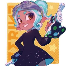 Rule 34 | 1girl, absurdres, black dress, blue hair, border, commentary, commission, dress, dual wielding, goggles, goggles on head, gun, highres, holding, holding gun, holding weapon, inkumochi, medium hair, nintendo, octoling, octoling girl, octoling player character, outside border, smile, solo, splatoon (series), splatoon 3, teeth, tentacle hair, tetra dualies (splatoon), weapon, white border, yellow background, yellow eyes