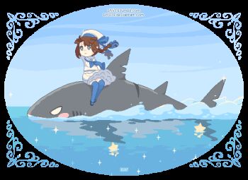 1girl animated animated_gif black_shoes blue_neckerchief blue_ribbon blue_sky blue_thighhighs blush_stickers border braid bright_pupils brown_hair commentary dav-19 english_commentary floating_clothes floating_hair full_body funamusea grey_eyes hat long_hair looping_animation neckerchief oounabara_to_wadanohara ornate_border outdoors pixel_art ribbon riding riding_animal sailor_hat samekichi_(funamusea) school_uniform serafuku shark shirt shoes sitting skirt sky smile solo sparkle star_(symbol) swimming thighhighs transparent_background twin_braids wadanohara water watermark white_hat white_pupils white_shirt white_skirt