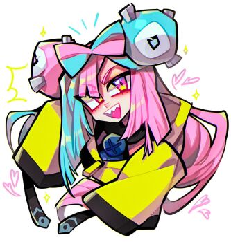 Rule 34 | 1girl, blue hair, gen 1 pokemon, heart, highres, iono (pokemon), magneton, multicolored hair, nintendo, oversized jacket, pink hair, pokemon, pokemon sv, sharp teeth, smile, teeth, twintails, two-tone hair, white background, zukich