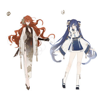 2girls absurdres augusta_(wuthering_waves) bare_shoulders black_dress black_gloves blue_eyes blue_hair blue_skirt breasts china_dress chinese_clothes chinese_knot closed_mouth detached_sleeves dress earrings full_body gloves hair_between_eyes hair_ornament highres iuno_(wuthering_waves) jewelry long_hair long_sleeves looking_at_viewer medium_breasts missing_commentary multicolored_hair multiple_girls official_alternate_costume orange_hair red_eyes reference_sheet simple_background skirt smile streaked_hair sun_earrings twintails very_long_hair white_background wuthering_waves yi_ke_da_cui_tao_tao