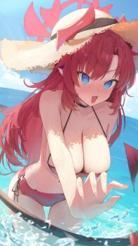Rule 34 | 1girl, absurdres, bikini, blue archive, blue eyes, blush, breasts, demon girl, demon tail, eiyuo, halo, hashtag-only commentary, hat, highres, horns, horns through headwear, large breasts, long hair, megu (blue archive), megu (swimsuit) (blue archive), ocean, open mouth, pointy ears, red hair, side-tie bikini bottom, straw hat, swimsuit, tail, water