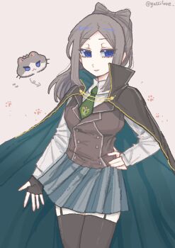 Rule 34 | 1girl, :3, animal, animalization, aqua cloak, arm at side, arrow (symbol), assault lily, black cloak, black gloves, black thighhighs, blue eyes, bow-shaped hair, breasts, brown background, brown hair, brown vest, buttons, cat, chinese commentary, cloak, collared shirt, commentary request, cowboy shot, double-breasted, fingerless gloves, garter straps, gatti love, gloves, green necktie, grey skirt, hand on own hip, head only, high collar, high ponytail, highres, ichinomiya michaela himari, light smile, long hair, looking at viewer, medium breasts, miniskirt, necktie, parted bangs, parted lips, paw print, paw print background, person and animalization, pleated skirt, ponytail, school uniform, shirt, short necktie, simple background, skirt, solo, standing, striped clothes, striped skirt, thighhighs, twitter username, two-sided cloak, two-sided fabric, vertical-striped clothes, vertical-striped skirt, vest, white shirt