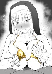 Rule 34 | 1boy, 1girl, absurdres, bikini, blush, breasts, breasts squeezed together, closed mouth, erection, gloves, gold bikini, greyscale, habit, hetero, highres, kaiman garupan, large breasts, large penis, long hair, looking at viewer, monochrome, nijisanji, nun, paizuri, paizuri under clothes, penis, pov, pov crotch, sister claire, sister claire (1st costume), solo focus, sweat, swimsuit, virtual youtuber