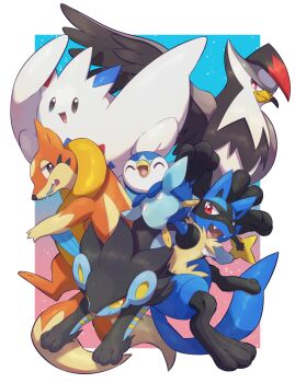 :d absurdres arm_up beak bird closed_eyes commentary_request fangs floatzel gen_4_pokemon highres lucario luxray nintendo no_humans nullma open_mouth piplup pokemon pokemon_(creature) red_eyes smile staraptor togekiss tongue