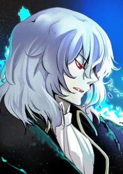 1boy ascot blue_fire coat commentary_request fang fire formal_clothes from_side fur_coat hair_between_eyes male_focus medium_hair messy_hair nekoda_kuro profile pyrokinesis red_eyes solo solo_focus tsukihime tsukihime_(remake) vampire vlov_arkhangel white_hair