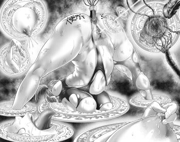 1girl absurdres anal anal_fluid anal_object_insertion ass blush body_writing breasts bruise bruise_on_arm bruise_on_leg bruise_on_stomach censored clothing_aside drooling female_focus grabbing_own_breast grabbing_own_nipple hair_tie harukado_yua highres huge_breasts injury legs leotard leotard_aside lips long_hair magic_circle monochrome mosaic_censoring needle nipple_penetration nipple_stimulation nipple_tweak nipples object_insertion official_art one_side_up open_mouth penis_tentacle portal_(object) puffy_areolae pussy pussy_juice ran_(yamatoagu) restrained short_sleeves single_thighhigh skindentation spread_legs stomach sweat sweatdrop teeth tentacles thighhighs thighs tight_clothes tongue tongue_out top-down_bottom-up torn_clothes torn_thighhighs upper_teeth_only yoshibari_aubade