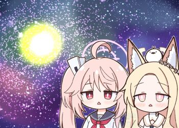 2girls achilles_(yosshyachillesd) ahoge animal_ears blonde_hair blue_archive blue_sailor_collar blush chibi chibi_only dress fox_ears fox_girl hair_ornament long_hair meme multiple_girls natsu_(blue_archive) neckerchief open_mouth pink_eyes pink_hair red_eyes red_neckerchief sailor_collar school_uniform seia_(blue_archive) shirt side_ponytail sidelocks space space_cat_(meme) triangle_mouth white_dress white_shirt
