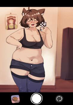 1girl ahoge animal_ear_fluff animal_ears artist_request black_sports_bra blue_shorts blue_thighhighs blush breasts brown_hair camera_phone cellphone chisujjj cleavage closed_eyes glasses hand_on_own_hip holding holding_phone indie_virtual_youtuber indoors medium_breasts mint_castella navel open_mouth phone plump rectangular_eyewear red-framed_eyewear selfie semi-rimless_eyewear short_hair short_shorts shorts skindentation smartphone solo sports_bra standing thick_thighs thighhighs thighs under-rim_eyewear viewfinder virtual_youtuber