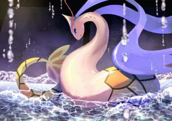 alternate_color commentary_request gen_3_pokemon lake looking_at_viewer milotic nintendo no_humans omega_takai open_mouth outdoors pokemon pokemon_(creature) purple_eyes shiny_pokemon solo water_drop