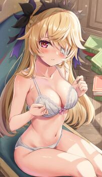 1girl absurdres bare_shoulders black_tiara blonde_hair blush bra breasts cleavage collarbone commentary_request day eyepatch fingernails fischl_(ein_immernachtstraum)_(genshin_impact) fischl_(genshin_impact) genshin_impact hair_over_one_eye hands_up highres indoors lace lace-trimmed_bra lace_trim large_variant_set long_hair looking_at_viewer medium_breasts navel paid_reward_available panties parted_lips ponnyu12 red_eyes sitting solo stomach thighs tiara two_side_up underwear variant_set very_long_hair white_bra white_panties
