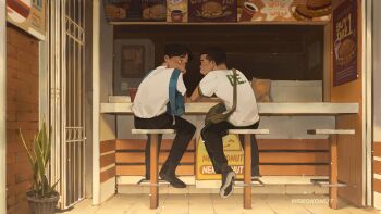 2boys artist_logo artist_name bag black_hair black_pants blush burger chair commentary diner english_text food food_in_mouth food_stand from_behind highres interior light_smile logo looking_at_another male_focus multiple_boys nekokonut22 original pants plant poster_(object) potted_plant puffy_cheeks scenery shirt shoes short_hair sitting stool symbol-only_commentary white_shirt