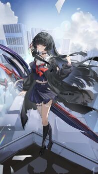 1girl absurdres black_choker black_hair black_jacket black_shirt black_shoes black_skirt black_socks blue_sky breasts bright_pupils chinese_commentary chisa_(wuthering_waves) choker closed_mouth commentary_request day hair_ribbon hand_up highres jacket kanjian_wo_de_jiangyoule_ma loafers long_hair long_sleeves looking_at_viewer medium_breasts neckerchief red_eyes red_neckerchief red_ribbon ribbon sailor_collar shirt shoes skirt sky socks solo sword weapon white_pupils white_sailor_collar wind wuthering_waves