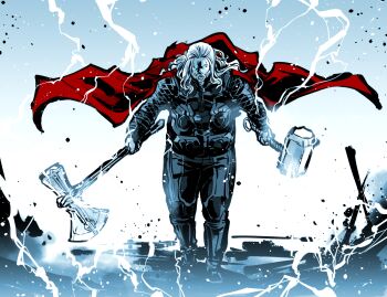 1boy animification avengers:_endgame avengers_(series) axe beard blue_eyes braid braided_beard cape dual_wielding electricity facial_hair fat fat_man glowing glowing_eyes hammer highres holding holding_axe holding_hammer kato_takuji long_hair male_focus marvel marvel mjolnir_(marvel) shaded_face solo stormbreaker superhero_costume thor_(marvel) walking