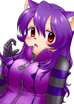 1girl absurdres animal_ears bodysuit breasts cat_ears cat_girl cat_tail claws commentary_request fang furry furry_female highres large_breasts little_tail_bronx long_hair looking_at_viewer open_mouth opera_kranz pink_fur purple_bodysuit purple_hair red_eyes simple_background solatorobo solo tail type-alpha upper_body white_background zipper