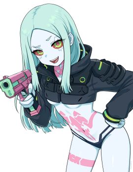 1girl absurdres aqua_hair black_jacket black_panties blue_skin breasts colored_sclera colored_skin cyberpunk_(series) cyberpunk:_edgerunners green_eyes gun handgun highres holding holding_gun holding_weapon jacket long_hair long_sleeves navel open_mouth panties rebecca_(cyberpunk) red_pupils red_sclera smile solo standing suoniko teeth thighs underboob underwear upper_teeth_only weapon