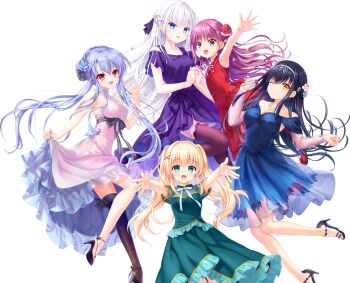 5girls :d ;) alternate_costume bare_arms bare_shoulders black_bow black_footwear black_hair black_thighhighs blonde_hair blue_dress blue_eyes blue_hair blush bone_hair_ornament bow braid braided_bun breasts butterfly_hair_ornament cleavage closed_mouth collarbone cowboy_shot dress flat_chest floating_hair flower foot_out_of_frame formal_clothes french_braid frilled_dress frills green_dress green_eyes grey_eyes hair_between_eyes hair_bow hair_bun hair_flower hair_intakes hair_ornament half_updo hand_up happy high_heels holding_hands izumi_tsubasu katou_umi knee_up kushima_kamome large_breasts long_hair long_sleeves looking_at_viewer multiple_girls na-ga nagayama_yuunon naruse_shiroha neck_ribbon no_bra no_socks official_art one_eye_closed open_hand open_mouth outstretched_arm outstretched_arms pink_flower purple_dress purple_hair red_dress red_eyes red_flower red_rose ribbon rose short_sleeves sidelocks single_hair_bun single_thighhigh skirt_hold skull_and_crossbones skull_hair_ornament sleeveless sleeveless_dress small_breasts smile sorakado_ao standing summer_pockets thighhighs transparent_background tsumugi_wenders twintails very_long_hair waving white_hair white_ribbon x_hair_ornament yellow_eyes yellow_flower