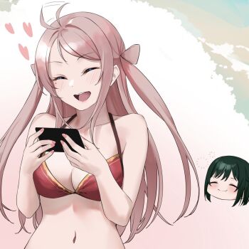 ahoge ahoge_wag bikini blush breasts cellphone cleavage expressive_hair fang fingernails green_hair happy heart lips lipstick long_hair love_live! love_live!_nijigasaki_high_school_idol_club makeup medium_breasts mifune_shioriko mole mole_under_eye nail_polish navel phone pink_background pink_hair reaction red_bikini short_hair smartphone smile swimsuit white_background zhong_lanzhu