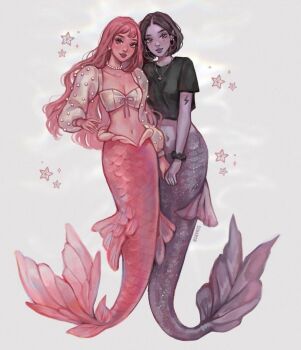 2girls adventure_time artist_name asayris_art black_hair black_shirt breasts cleavage closed_mouth collarbone crop_top earrings fins fish_tail full_body holding_hands hoop_earrings jewelry lightning_bolt_symbol long_hair long_sleeves marceline_abadeer medium_breasts mermaid midriff mole mole_under_each_eye mole_under_eye monster_girl multiple_girls multiple_moles navel necklace parted_bangs pearl_necklace pink_hair princess_bonnibel_bubblegum scrunchie shirt short_hair short_sleeves simple_background t-shirt tail white_shirt wrist_scrunchie