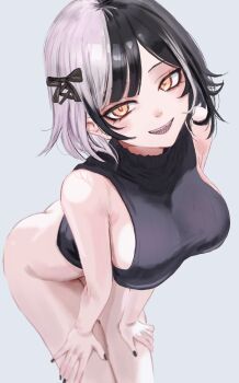 1girl :d absurdres black_hair black_sweater bottomless breasts commentary dhbwinner english_commentary grey_background grey_hair highres hololive hololive_english large_breasts leaning_forward looking_at_viewer multicolored_hair open_mouth sharp_teeth shiori_novella short_hair simple_background sleeveless sleeveless_sweater sleeveless_turtleneck smile solo split-color_hair sweater teeth turtleneck two-tone_hair virtual_youtuber yellow_eyes