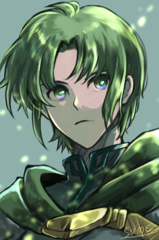 Rule 34 | 1boy, artist name, blue eyes, cape, green eyes, green hair, grey background, sennet (tear ring saga), solo, sparkle, sumeragi (black rose), tear ring saga, tear ring saga: yutona eiyuu senki