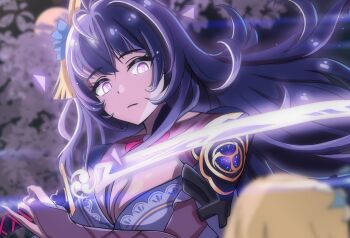 2girls angry armor blurry blurry_background breasts bridal_gauntlets cherry_blossoms cleavage closed_mouth clothing_cutout commentary depth_of_field electricity english_commentary from_behind genshin_impact glowing glowing_eyes glowing_sword glowing_weapon hair_down hair_ornament head_tilt height_difference highres holding holding_sword holding_weapon huge_breasts japanese_clothes katana leaning_to_the_side light_particles lumine_(genshin_impact) moon multiple_girls neck_ribbon night no_mole off_shoulder purple_eyes purple_hair raiden_shogun red_ribbon ribbon saylamars shoulder_armor shoulder_cutout sword upper_body wavy_hair weapon wide-eyed