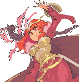 1girl arm_up breasts cape celica_(fire_emblem) cleavage davewaterfalls dragon fire_emblem fire_emblem_echoes:_shadows_of_valentia fur_trim grima_(fire_emblem) looking_at_viewer nintendo official_alternate_costume red_eyes red_hair simple_background tiara