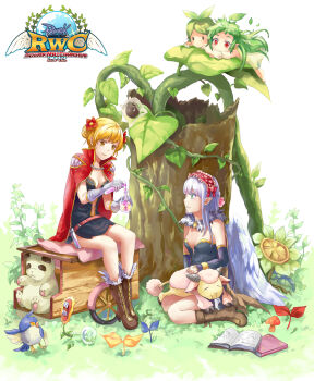 2012 4girls alchemist_(ragnarok_online) amistr_(ragnarok_online) bird black_dress blonde_hair blue_bird book boots breasts brown_boots cape closed_mouth creator_(ragnarok_online) dillsien double_bun dress elbow_gloves filir_(ragnarok_online) fingerless_gloves flora_(ragnarok_online) frilled_hairband frills full_body fur_collar geographer_(ragnarok_online) gloves grass green_eyes green_hair grey_dress grey_gloves hair_bun hairband leaf lif_(ragnarok_online) long_hair looking_at_another medium_breasts multiple_girls open_book open_mouth parasite_(ragnarok_online) pink_hairband plant pointy_ears potion pullcart ragnarok_online red_cape red_eyes sheep short_dress short_hair sitting smile strapless strapless_dress stuffed_animal stuffed_panda stuffed_toy tree vanilmirth_(ragnarok_online) yellow_eyes