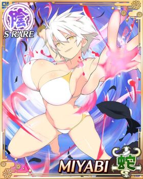 1girl aura bikini border breasts card_(medium) character_name cleavage game_cg large_breasts looking_at_viewer midair miyabi_(senran_kagura) navel official_art outstretched_arms senran_kagura senran_kagura_new_wave short_hair skindentation slit_pupils smirk solo swimsuit sword third-party_source weapon white_bikini white_hair yellow_eyes