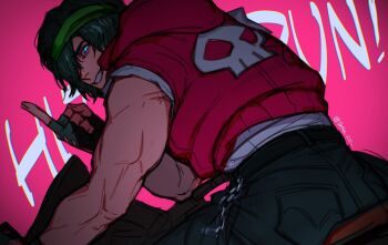 Rule 34 | 1boy, aqua eyes, belt, biker (hotline miami), black belt, black gloves, black pants, commentary, english commentary, fingerless gloves, gloves, green headband, grin, hair over one eye, headband, highres, hood, hood down, hotline miami, index finger raised, jacket, looking at viewer, looking back, male focus, motor vehicle, motorcycle, muscular, muscular male, on motorcycle, one eye covered, pants, parted hair, pink background, red jacket, shirt, short sleeves, sleeveless, sleeveless jacket, smile, solo, tatsu (tatsumccree), twitter username, white shirt