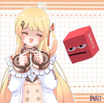 1girl a_hiru_duck ahoge averting_eyes blonde_hair blush_stickers bow bowtie brown_dress brown_sailor_collar buttons center_frills commentary_request double-breasted dress emoji fidgeting flat_chest fortissimo frilled_jacket frilled_shirt frilled_shirt_collar frilled_sleeves frills gradient_hair grid_background hair_ornament hair_ribbon hairclip highres hololive hololive_dev_is index_fingers_together jacket long_hair long_sleeves multicolored_hair musical_note musical_note_hair_ornament one_side_up otonose_kanade otonose_kanade_(1st_costume) plaid_clothes plaid_dress raised_inner_eyebrows red_bow red_bowtie red_eyes red_ribbon ribbon sailor_collar sailor_dress shirt sidelocks signature solo upper_body virtual_youtuber white_jacket white_shirt