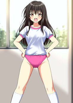 1girl absurdres black_hair blurry blurry_background blush brown_eyes buruma commentary_request commission depth_of_field frown gym_shirt gym_uniform hands_on_own_hips highres indoors kotegawa_yui looking_at_viewer open_mouth partial_commentary pink_buruma pixiv_commission shirt short_sleeves socks solo standing to_love-ru white_shirt white_socks zanntetu