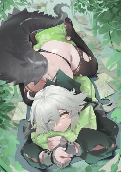 1girl absurdres ahoge arknights armband ass back black_panties black_thighhighs commentary_request crocodile_girl crocodilian_tail eyes_visible_through_hair feet forest gloves grass green_shirt hair_over_one_eye highres hugging_object large_tail long_hair looking_at_viewer looking_up nature nils panties partially_fingerless_gloves pillow pillow_hug pointy_ears shirt sidelocks solo straddling tail thick_thighs thighhighs thighs tomimi_(arknights) torn_clothes torn_thighhighs twintails underwear wavy_mouth white_hair yellow_eyes