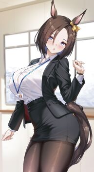 1girl :o absurdres air_groove_(umamusume) alternate_costume animal_ears black_jacket black_pantyhose black_skirt blazer blurry blurry_background blush bow bra_visible_through_clothes bracelet breasts brown_hair brown_tail button_gap collared_shirt commentary_request cowboy_shot ear_bow ear_ornament fingernails floral_print_bra hair_between_eyes hand_up highres horse_ears horse_girl horse_tail id_card indoors jacket jewelry lanyard large_breasts long_sleeves looking_at_viewer miniskirt office_lady open_clothes open_jacket open_mouth pantyhose pencil_skirt shirokuma_a shirt shirt_tucked_in short_hair skirt solo tail textless_version umamusume white_shirt yellow_bow