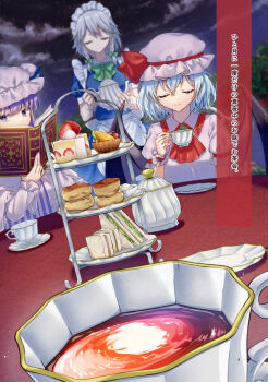 3girls adversarial_noise alto2019 apron ascot bat_wings blue_dress blue_hair book bow braid cake cake_slice closed_eyes closed_mouth collared_shirt commentary_request cup dress facing_viewer food food_request frilled_shirt_collar frills green_bow grey_hair hair_bow hat hat_ribbon highres holding holding_book holding_teapot izayoi_sakuya long_hair maid maid_headdress mob_cap multiple_girls night open_book patchouli_knowledge pink_dress pink_hat pink_shirt purple_eyes purple_hair reading red_ascot remilia_scarlet ribbon sandwich saucer shirt strawberry_shortcake table tea teacup teapot tiered_tray touhou translation_request twin_braids waist_apron wings wrist_cuffs