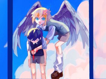 2boys angel angel_wings antenna_hair basil_(faraway)_(omori) basil_(omori) black_hair black_sweater_vest blonde_hair blood blood_on_clothes blue_eyes blue_sky brown_footwear brown_shorts closed_eyes cloud collared_shirt green_sweater_vest looking_at_viewer male_focus multiple_boys omori open_mouth shirt short_hair shorts sky smile socks spoilers sunny_(omori) sweater_vest tokkooyaku white_shirt white_socks wings