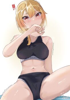 ! !! 1girl absurdres blonde_hair blush commentary desagi english_commentary hair_between_eyes hand_to_own_mouth highres hololive hololive_indonesia kaela_kovalskia leg_up looking_at_viewer navel parted_lips red_eyes signature simple_background sitting solo sportswear spread_legs stomach sweat trembling virtual_youtuber