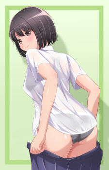 1girl akippoi_0919 ass black_eyes black_hair black_panties blue_skirt bralines closed_mouth clothes_pull commentary crotch_seam dress_shirt from_behind green_background highres leaning_forward looking_at_viewer looking_back open_clothes open_skirt original panties pleated_skirt pulling_own_clothes school_uniform see-through_clothes see-through_shirt shirt short_hair short_sleeves skirt skirt_pull smile solo standing underwear undressing white_shirt