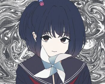 1girl abstract_background amemori_sayo amemori_sayo_(1st_costume) black_hair black_sailor_collar brown_eyes closed_mouth commentary_request expressionless hair_bobbles hair_ornament highres looking_at_viewer nijisanji nkymyura one_side_up sailor_collar school_uniform serafuku short_hair solo upper_body virtual_youtuber