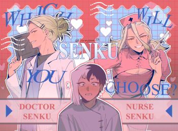 Rule 34 | 2boys, alternate costume, asagiri gen, black hair, blonde hair, blush, cleavage cutout, clipboard, clothing cutout, commentary, crossdressing, doctor, dr. stone, english text, grin, hair between eyes, hair bun, hair ornament, hairclip, hat, heart, highres, holding, holding syringe, ishigami senkuu, lab coat, long hair, looking at viewer, male focus, multicolored hair, multiple boys, nurse, nurse cap, pectoral cleavage, pectorals, red eyes, shirt, short hair, short sleeves, smile, split-color hair, stethoscope, symbol-only commentary, syringe, tramyyumifa, twitter username, two-tone hair, white hair