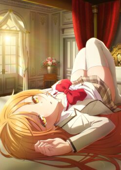 1girl anime_coloring bow bowtie brown_skirt flower highres indoors jacket knees_up konohana_hinako long_hair long_sleeves looking_at_viewer lying official_art on_back on_bed open_clothes open_jacket orange_hair parted_lips red_bow red_bowtie saijo_no_osewa school_uniform shirt skirt solo thighhighs white_shirt white_thighhighs zettai_ryouiki