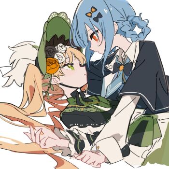 Rule 34 | 2girls, black capelet, black flower, black rose, blonde hair, blue hair, blue necktie, braid, braided hair rings, capelet, commentary request, eye contact, face-to-face, flower, girl on top, green bonnet, green eyes, hair rings, hair spread out, highres, lolita fashion, long hair, long sleeves, looking at another, looking down, looking up, lying, mahou shoujo no majo saiban, multiple girls, necktie, no headwear, on back, orange eyes, profile, rose, short hair, simple background, tachibana sherry, tono hanna, twintails, waipiiy, white background, white flower, white rose, yuri