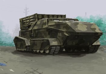 camouflage caterpillar_tracks front_mission highres military military_vehicle multiple_launch_rocket_system no_humans outdoors tyokugekidato vehicle_focus woodland_camouflage