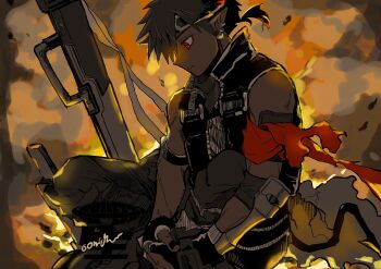 Rule 34 | 1boy, absurdres, arknights, arm belt, armband, black gloves, black hair, black headband, black nails, black pants, dark-skinned male, dark skin, demon boy, demon horns, demon tail, ear piercing, fiery background, fingerless gloves, fire, gauntlets, gloves, headband, highres, horns, komidoro, male focus, odda (arknights), on one knee, pants, piercing, planted, pointy ears, red armband, red eyes, tail, toned, toned male, watermark, weapon