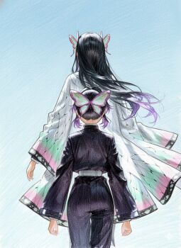 2girls ai-chan_(animelovely930) ass belt black_hair black_jacket black_pants butterfly_hair_ornament from_behind grey_background hair_ornament jacket kimetsu_no_yaiba kochou_kanae kochou_shinobu long_hair long_sleeves multicolored_hair multiple_girls pants pink_hair siblings sisters two-tone_hair white_belt