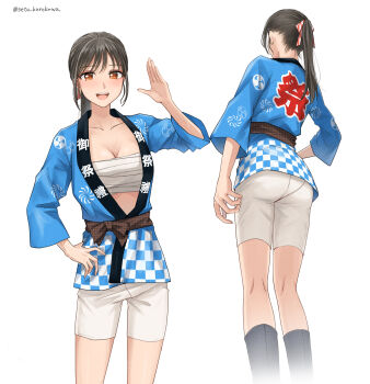 1girl :d artist_name black_hair blue_haori breasts brown_eyes chest_sarashi cleavage collarbone commission from_behind from_below hand_on_own_hip haori highres japanese_clothes long_hair multiple_views open_mouth original pixiv_commission ponytail sarashi setu_kurokawa shorts simple_background smile standing sweat teeth tongue twitter_username upper_teeth_only watermark waving white_background white_shorts